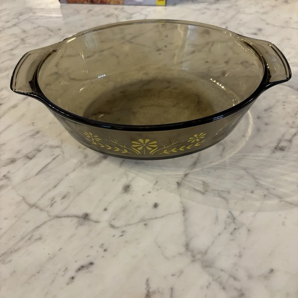Vintage Glasbake Oval Amber Casserole Dish W Lid Yellow Daisy Flowers‎